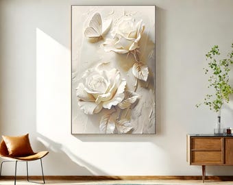 3D White Rose Canvas Art, Butterfly Relief Sculpture, Modern Floral Wall Decor