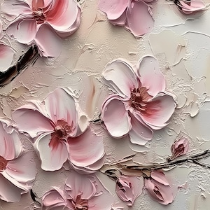 May include: Close-up of a floral painting featuring textured, light pink blossoms with white highlights and dark pink centers. The flowers are arranged on brown branches against a textured, off-white background, creating a three-dimensional effect.