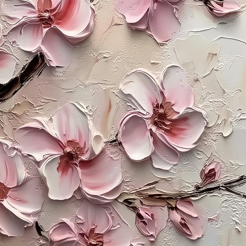 May include: Close-up of a floral painting featuring textured, light pink blossoms with white highlights and dark pink centers. The flowers are arranged on brown branches against a textured, off-white background, creating a three-dimensional effect.