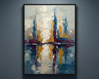 Abstract City Skyline Oil Painting Canvas Large Vertical Textured Wall Art Heavy Impasto Palette Knife Music Symphony Decor Modern Bedroom