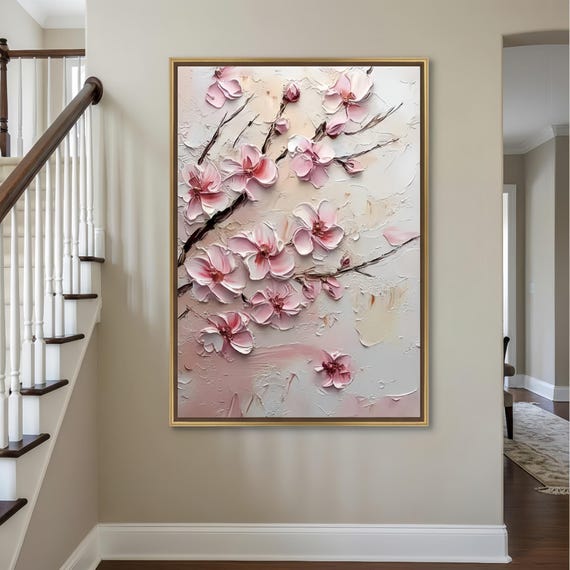Large 3D Cherry Blossom Wall Art | Pink Sakura Oil Painting | Textured Impasto Floral Canvas | Modern Living Room Decor | Sakura Wall Art