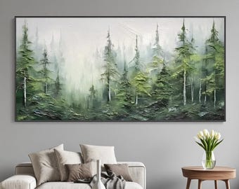 Cuadro abstracto de bosque de gran tamaño / Pintura de pinos con niebla / Lienzo de paisaje verde salvia / Decoración moderna de estilo rústico / Lámina de bosque brumoso