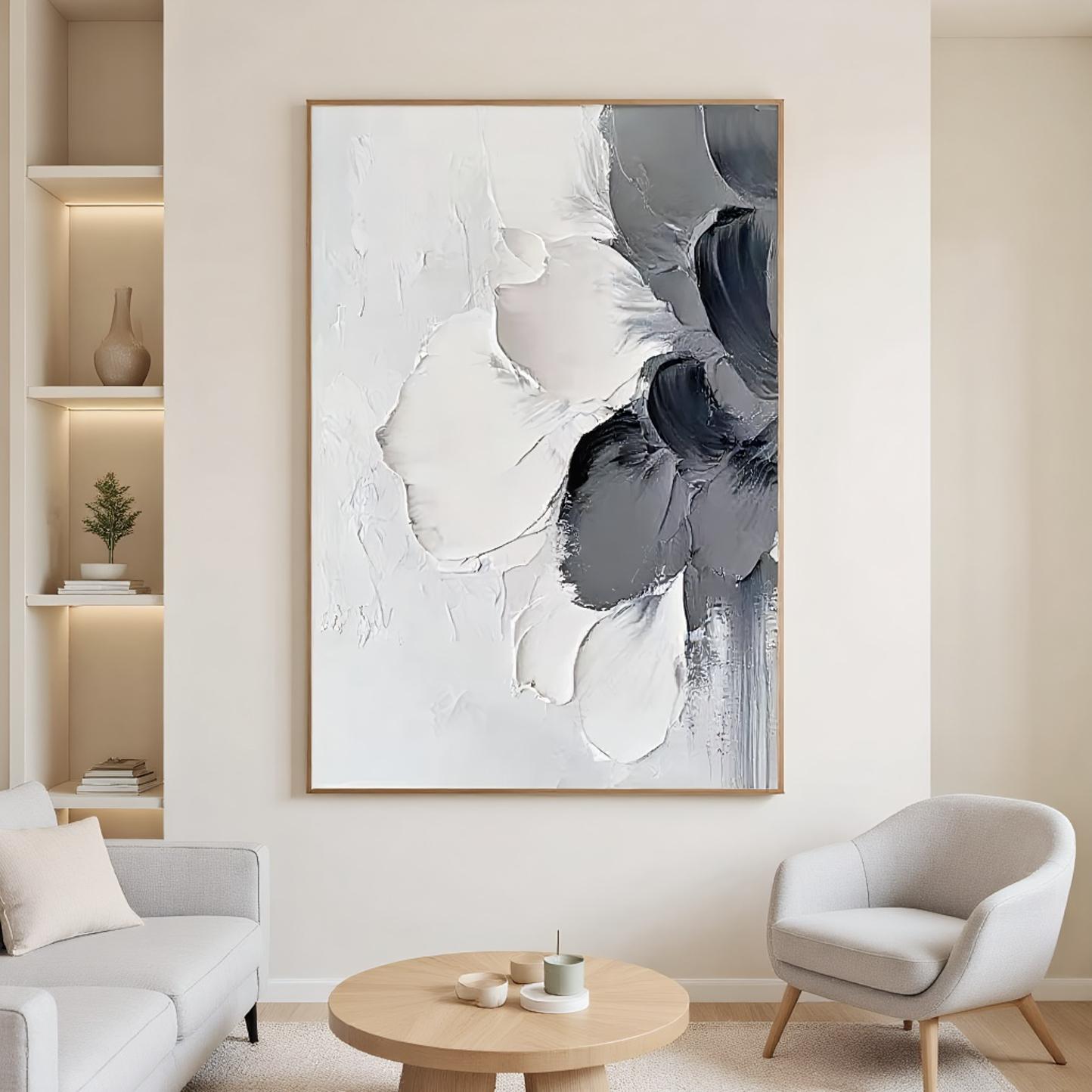 Textured Black and White Floral Oil Painting on Canvas Large Floral Art ...