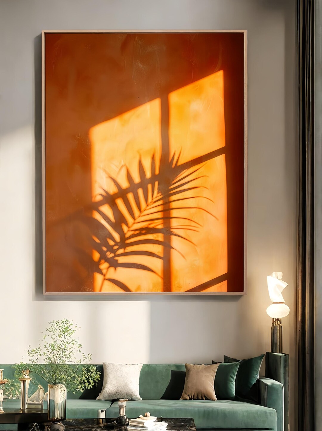 Large Abstract Orange Wall Art | Palm Leaf Shadow Painting | Boho Mid ...