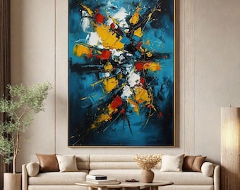 Large Abstract Textured Painting,Original Modern Wall Art,Teal Yellow Orange Black Canvas,Vibrant Expressionist Artwork,Living Room Decor