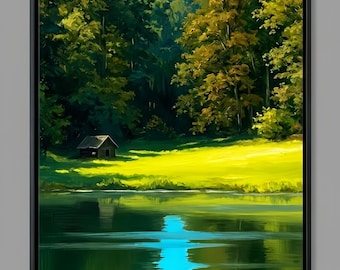 Large Sun-Drenched Forest Lake Oil Painting, Impasto Green Woodland Cabin Wall Art