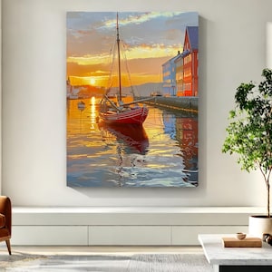 Original Sunset Sailboat Oil Painting, Large Sailboat Seascape Painting, Abstract Blue Nautical Seascape Painting, Nautical Wall Decor