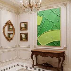 Large Green Abstract Wall Art | Textured Impasto Painting with Tiny People | Modern Minimalist Landscape | Contemporary Home Decor Gift image 4