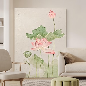 Lotus Flowers And Lotus Leaves Oil Painting On Canvas 3D Green Textured Pink Floral Wall Art Flower Modern Artwork Elegant Room Decor