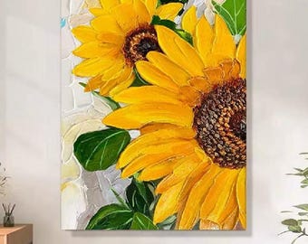 Handmade Sunflower Oil Painting On Canvas 3D Sunflower Textured Pink Floral Wall Art Flower Modern Nature-Inspired Artwork Living Room Decor