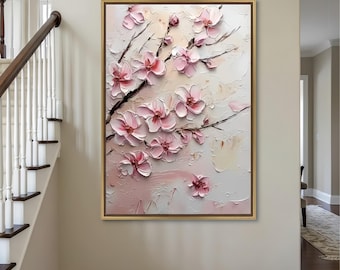 Roze kersenbloesem muurkunst | Groot bloemenschilderij met impasto | Getextureerde sakurabloemdecoratie | Moderne woonkamerkunst | Ingelijste canvasafdruk