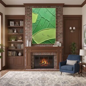 May include: A living room with a large abstract green painting above a fireplace. The painting depicts a golf course with textured brushstrokes. A blue armchair, a patterned rug, and a wooden bookshelf complete the cosy interior.