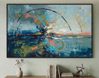 Large Horizontal Abstract Oil Painting Canvas Modern Textured Wall Art Heavy Impasto Palette Knife Artwork Yellow Blue Accent Living Room