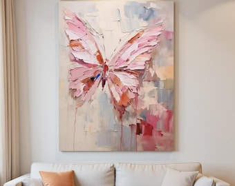 Abstract Pink Butterfly Oil Painting | Large Textured Canvas Wall Art | Modern Palette Knife Decor | Elegant Living Room Nursery Wall Art
