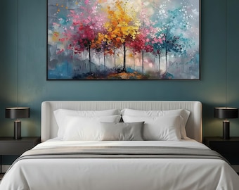 Colorful Tree Wall Art | Abstract Landscape Painting | Large Canvas Art for Bedroom | Vibrant Forest Print | Modern Home Decor | Gift Idea