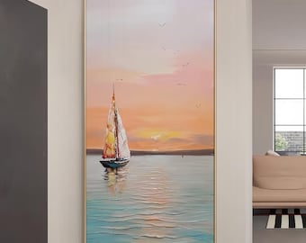 抽象的な夕日の帆船の絵画、オリジナルの海景アート、60インチ×40