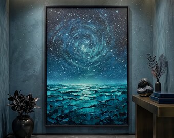Large Vertical Galaxy Starry Night Oil Painting Canvas Teal Ocean Horizon Wall Art Cosmic Nebula Heavy Impasto Palette Knife Artwork Dark
