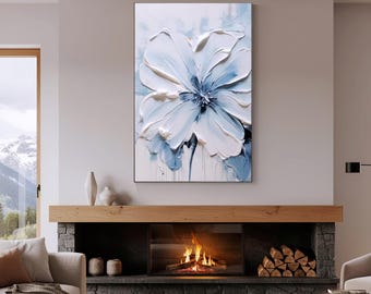 Large Abstract Floral Wall Art | 3D Textured Flower Canvas Painting | Blue and White Impasto Art for Living Room | Modern Minimalist Decor