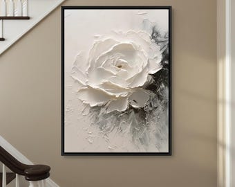Large White Rose Wall Art | 3D Textured Floral Painting | Modern Neutral Home Decor | Impasto Palette Knife Flower Canvas | Framed Art