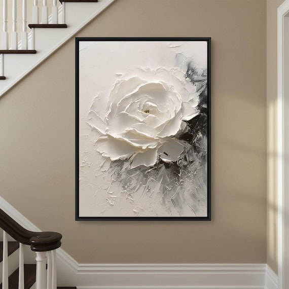 Large White Rose Wall Art | 3D Textured Floral Painting | Modern