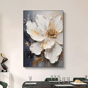 3D White Large Flower Texture Oil Painting on Canvas White Floral Abstract Wall Art Heavy Textured Painting Flower Floral Wall Art Decor