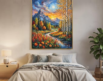 Impresión de pintura al óleo de vibrante paisaje de montaña, gran cuadro de pared con técnica impasto de bosque otoñal con luna y sol, decoración colorida de la naturaleza, lienzo enmarcado