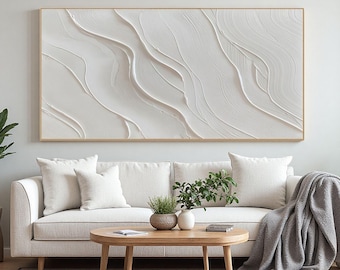 Large White Waves Textured Abstract Art,Minimalist 3D Relief Painting,Modern Wabi Sabi Wall Art,Neutral Home Decor Oversized Canvas Painting