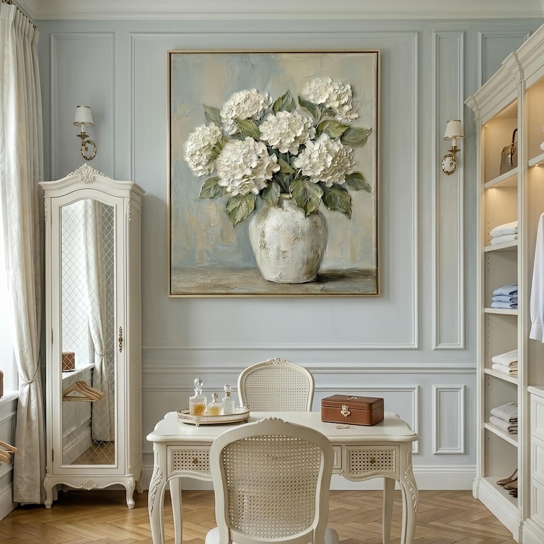 Original White Hydrangea Oil Painting on Canvas, Large 3D Impasto ...