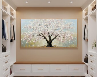 Large Blossom Tree Wall Art | Modern Floral Canvas Print | Abstract White and Pink Tree Painting | Elegant Bedroom & Dressing Room Decor