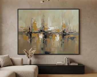 Large Horizontal Wabi-Sabi Abstract Oil Painting Canvas Modern Textured Wall Art Cream Beige Heavy Impasto Palette Knife Sage Green