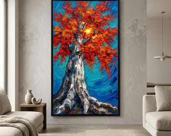 Gran pintura al óleo en 3D con técnica de impasto sobre lienzo, árbol rojo. Obra de arte mural abstracta original de paisaje otoñal.