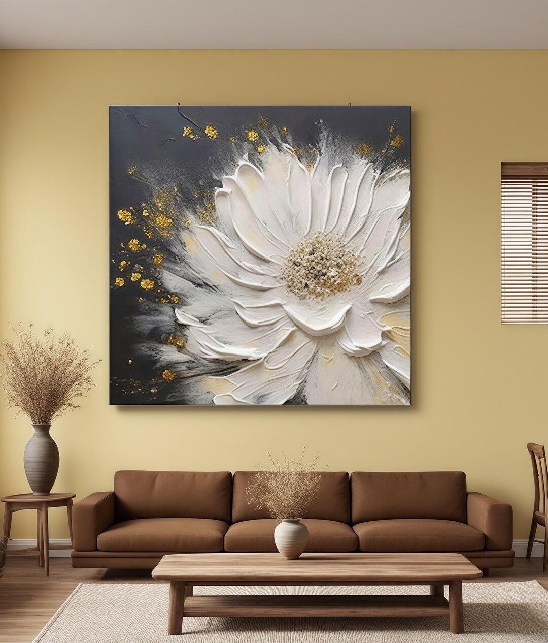 Large 3D Textured White Flower Painting | Gold Leaf Floral Canvas Art ...