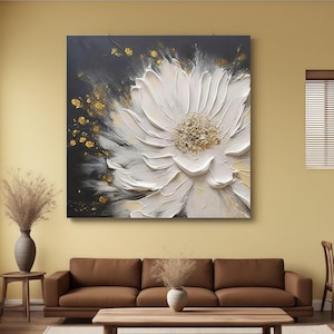 3D White Large Flower Texture Oil Painting on Canvas White Floral Abstract Wall Art Heavy Textured Painting Flower Floral Wall Art Decor