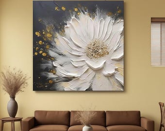 Large 3D Textured White Flower Painting | Gold Leaf Floral Canvas Art | Modern Abstract Impasto Wall Decor | Luxury Living Room Artwork