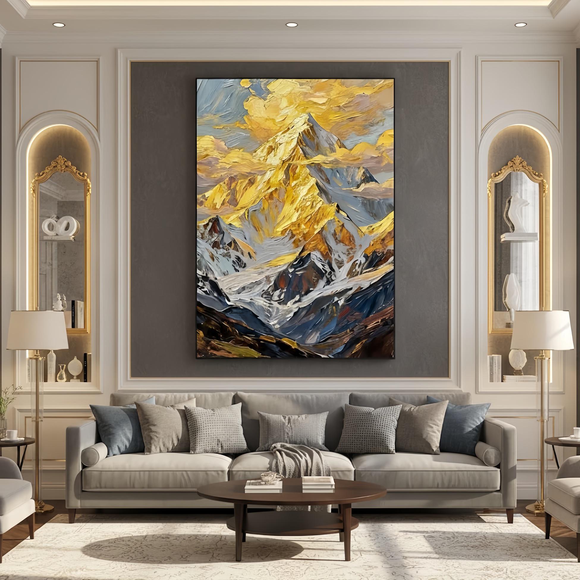 Large Mountain Oil Painting on Canvas | Gold Textured Wall Art ...