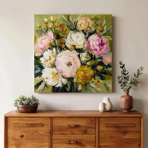 Peinture à l'huile abstraite de fleurs dessinées à la main, art floral coloré original sur toile, empâtement 3D texturé, décoration de chambre à coucher avec cadre