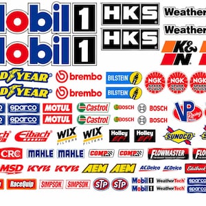 Könnte beinhalten: Eine Sammlung von Aufklebern für Automobilmarken mit Logos von Mobil 1, HKS, WeatherTech, K&N, Goodyear, Brembo, Bilstein, NGK, Sparco, Motul, Castrol, Bosch, VP Racing, Eibach, WIX, Holley, Sunoco, CRC, Mahle, Comp Cams, Flowmaster, MSD, KYB, AEM, ACDelco, Edelbrock, RaceQuip, Simpson und STP.