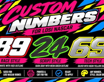 May include: Custom numbers for Losi Nascar featuring three styles: 89 in white with red outline, 24 in dark gray with neon green outline, and 69 in silver with neon yellow outline. The background has pink, blue, and yellow brush strokes.