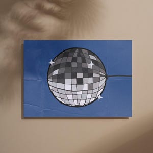 Retro Disco Ball Art Print – Funky Wall Decor, 70s Inspired Party Vibes, Shiny Mirror Ball Illustration on Bold Blue Background