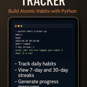 Op de afbeelding: Een digitale tablet toont een "Personal Habit Tracker" interface. Het scherm toont Python-code en functies voor het volgen van gewoonten: dagelijkse gewoonten volgen, streaks bekijken, berichten genereren en gegevens exporteren.