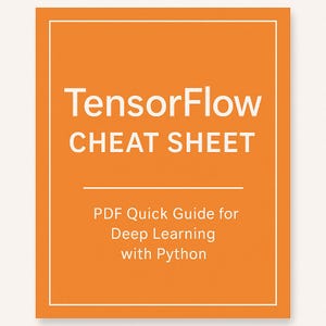 Puede incluir: Un documento PDF naranja con el título "TensorFlow CHEAT SHEET" en texto blanco. Debajo del título hay una línea horizontal, seguida del texto "PDF Quick Guide for Deep Learning with Python". El documento tiene un borde blanco.