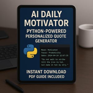 Può includere: Un tablet digitale mostra il testo "AI DAILY MOTIVATOR" e "PYTHON-POWERED PERSONALIZED QUOTE GENERATOR." È visibile un logo Python. Lo schermo mostra anche una citazione e le parole "INSTANT DOWNLOAD PDF GUIDE INCLUDED."