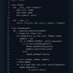 Puede incluir: Una captura de pantalla de un archivo de c&oacute;digo Python llamado dream_decoder.py. El c&oacute;digo, mostrado en texto blanco sobre un fondo oscuro, incluye declaraciones de importaci&oacute;n, definiciones de clase y llamadas a funciones. El c&oacute;digo es para un programa de an&aacute;lisis de sue&ntilde;os.