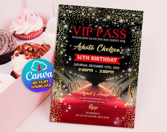Red Carpet Birthday Invitation, Star VIP Pass Party Invite, Hollywood ...