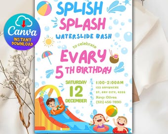 Splish Splash Waterslide Birthday Invitation, 5th Birthday, Pool Party Invite (Digital Download)