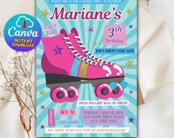 Roller Skate Birthday Invitation, Girl Skate Party (Digital Download)