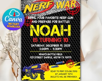 Nerf War Birthday Invitation, Custom Nerf Party Invite, Digital Download