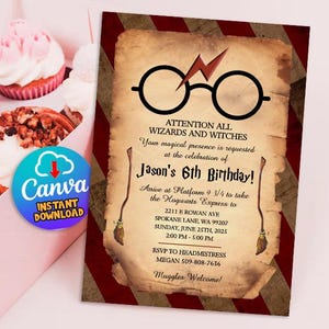 Wizard uitnodiging, bewerkbare wizard verjaardagsuitnodiging, magische verjaardagsfeestje uitnodigen, Magic School Wizard verjaardagsfeestje direct downloaden