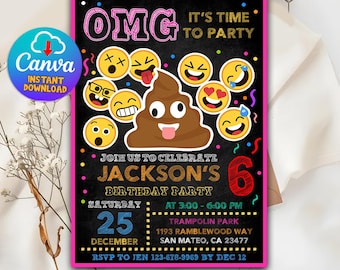 Invitación de cumpleaños con emojis, fiesta de sexto cumpleaños, plantilla de Canva (descarga instantánea)