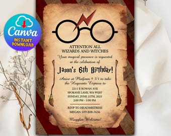 Wizard Birthday Invitation, Magic School Party, Wizard Editable Template Download, Wizard Invitation, Wizard Birthday, Wizard Magical Party
